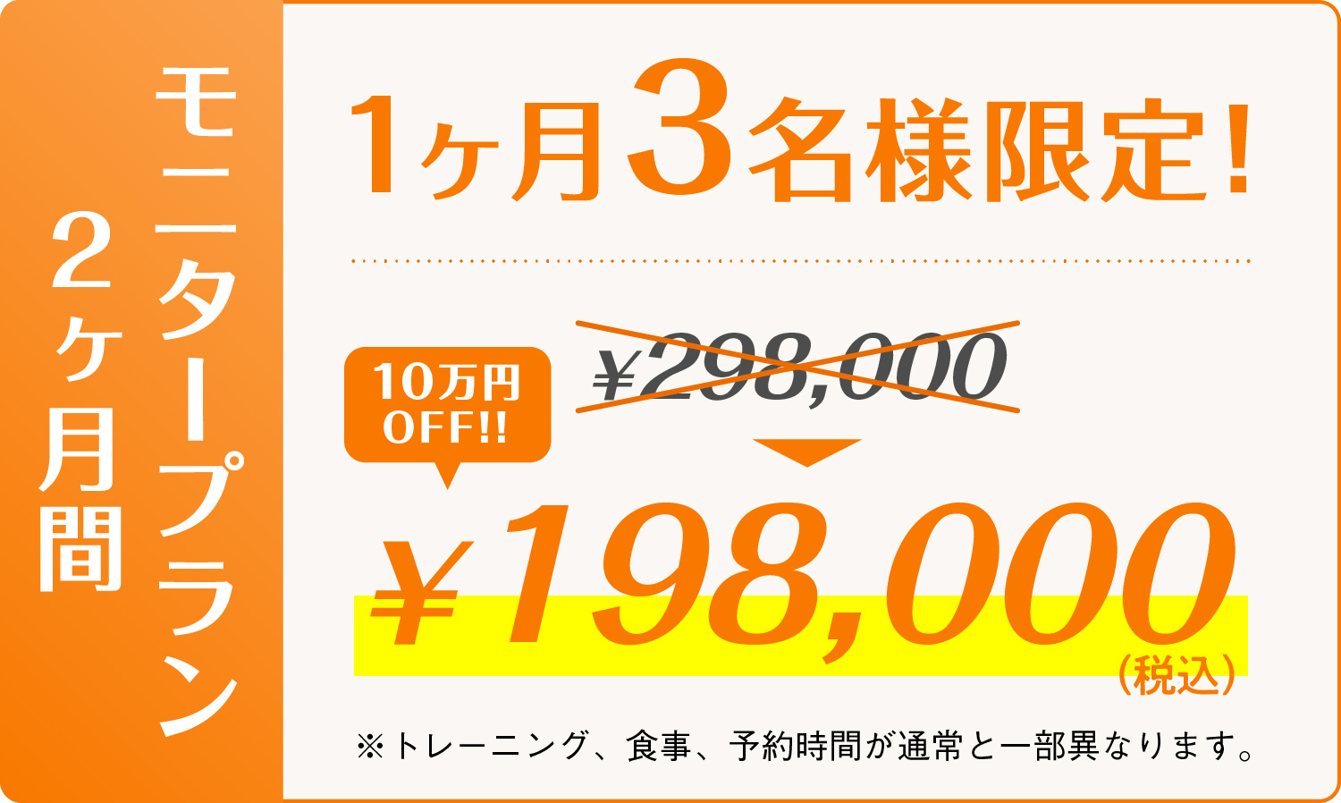 モニタープラン2ヶ月間 1ヶ月3名様限定! 198,000円
